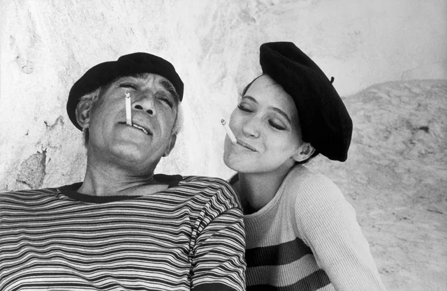 Eve Arnold, Anthony Quinn and Anna Karina on the set of The Magus, 1976