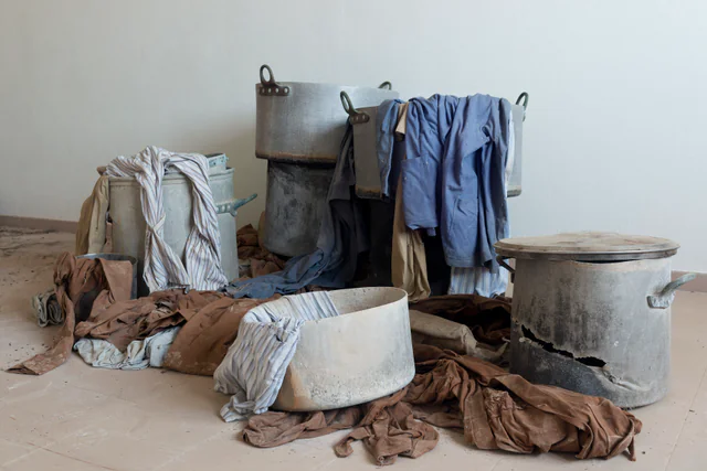 Old aluminium pots and worn work clothes heaped on a tiled floor against a white wall